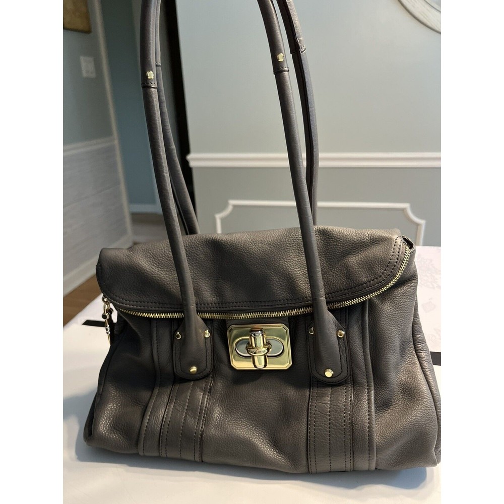 B. Makowsky Large Gray Leather Hobo Satchel Handbag Purse EUC